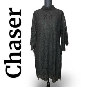 CHASER Lace Mock Dress, 3/4 Flared Sleeves, Black, NWT, Size Medium